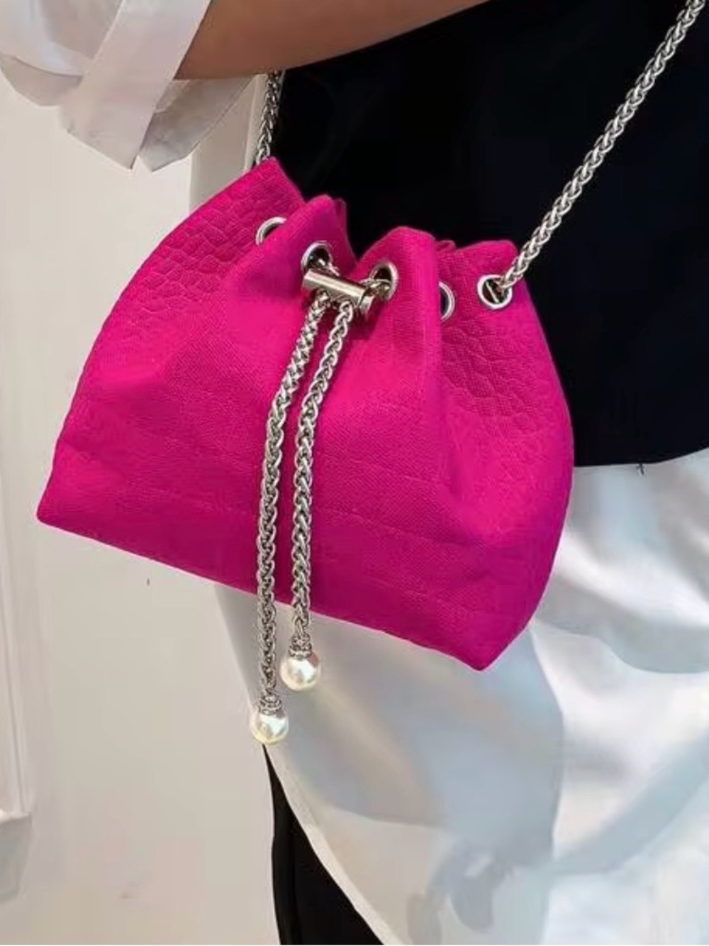 Fuchsia Drawstring Mini Chain Shoulder Bag - Picture 3 of 6